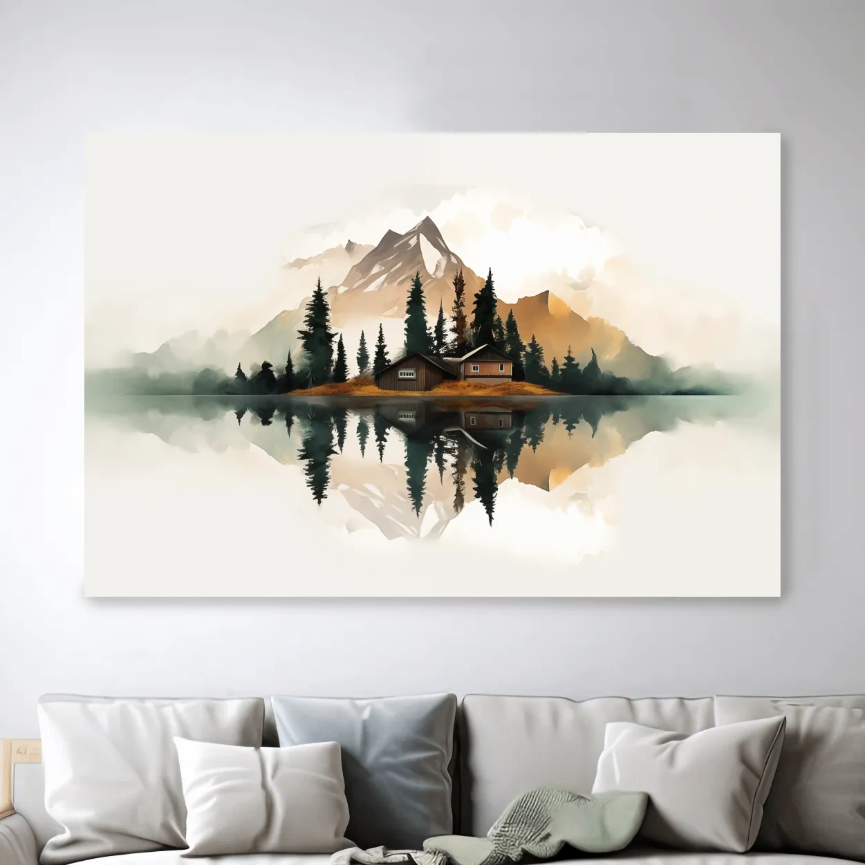 Minimalist art, glacier, lake, cabin, trees
