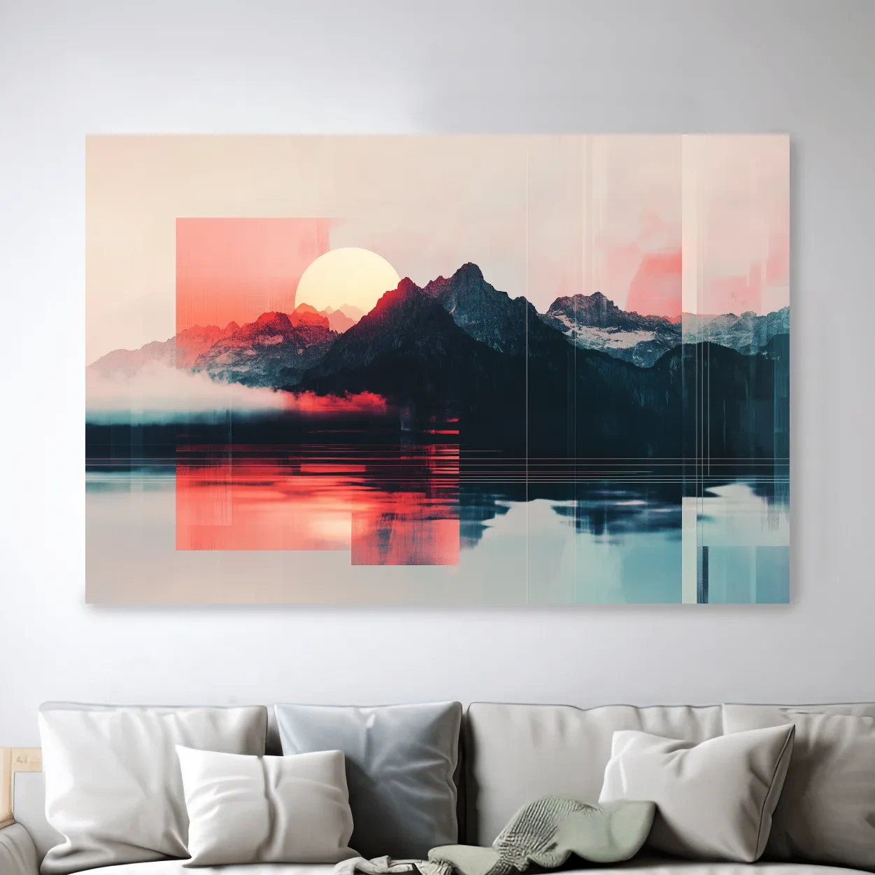 Sunset mountain wall art, glitch art effect