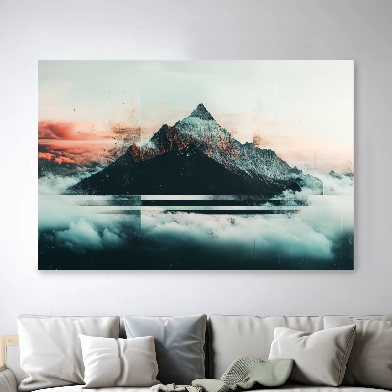 Mountain peak in the clouds at sunset, glitch style artwork