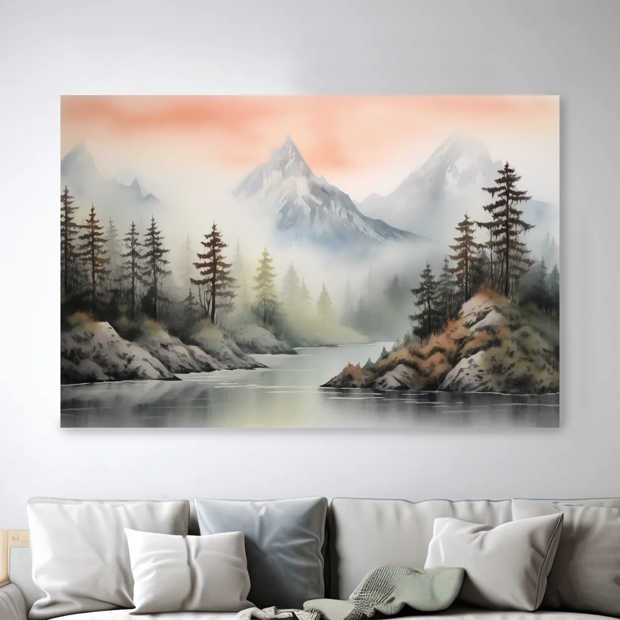 Chinese style ink wash watercolour painting of mountains