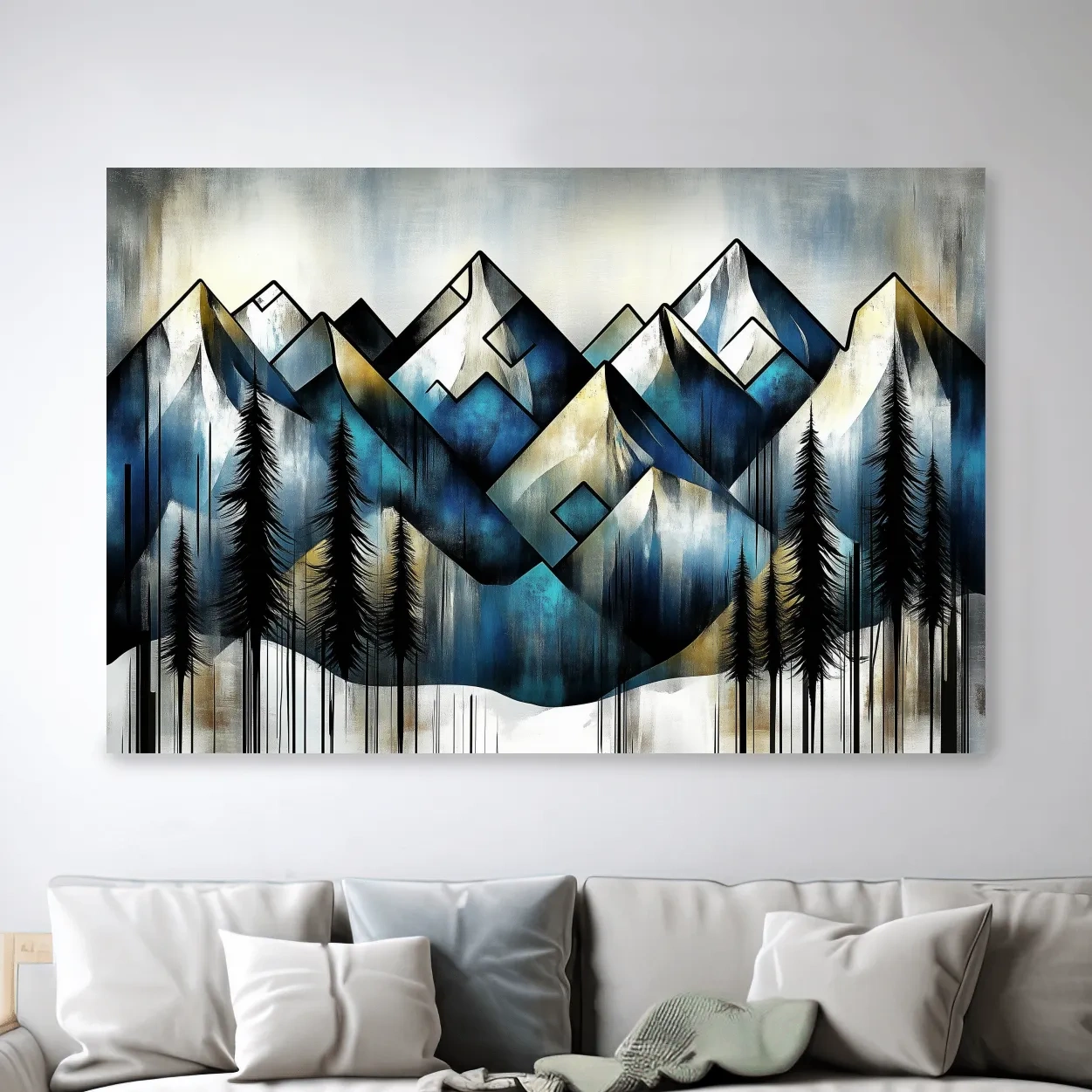 Geometric Mountain Peaks With Pine Trees - Modern Abstract Landscape Artwork