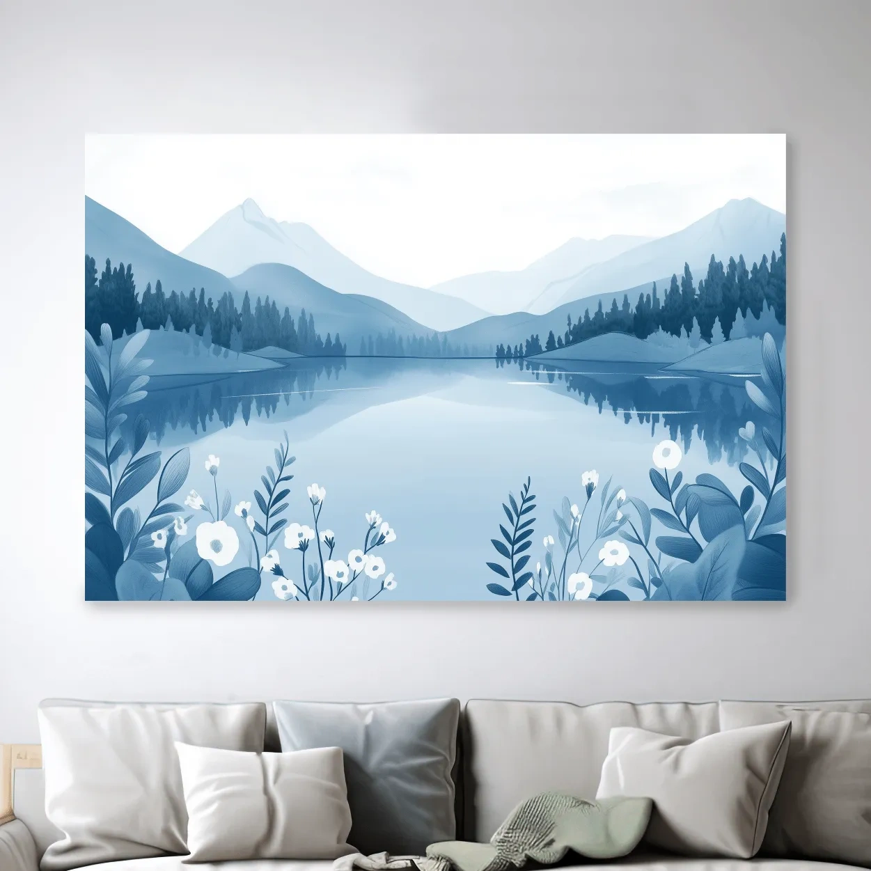Serene landscape wall art, view over an alpine lake