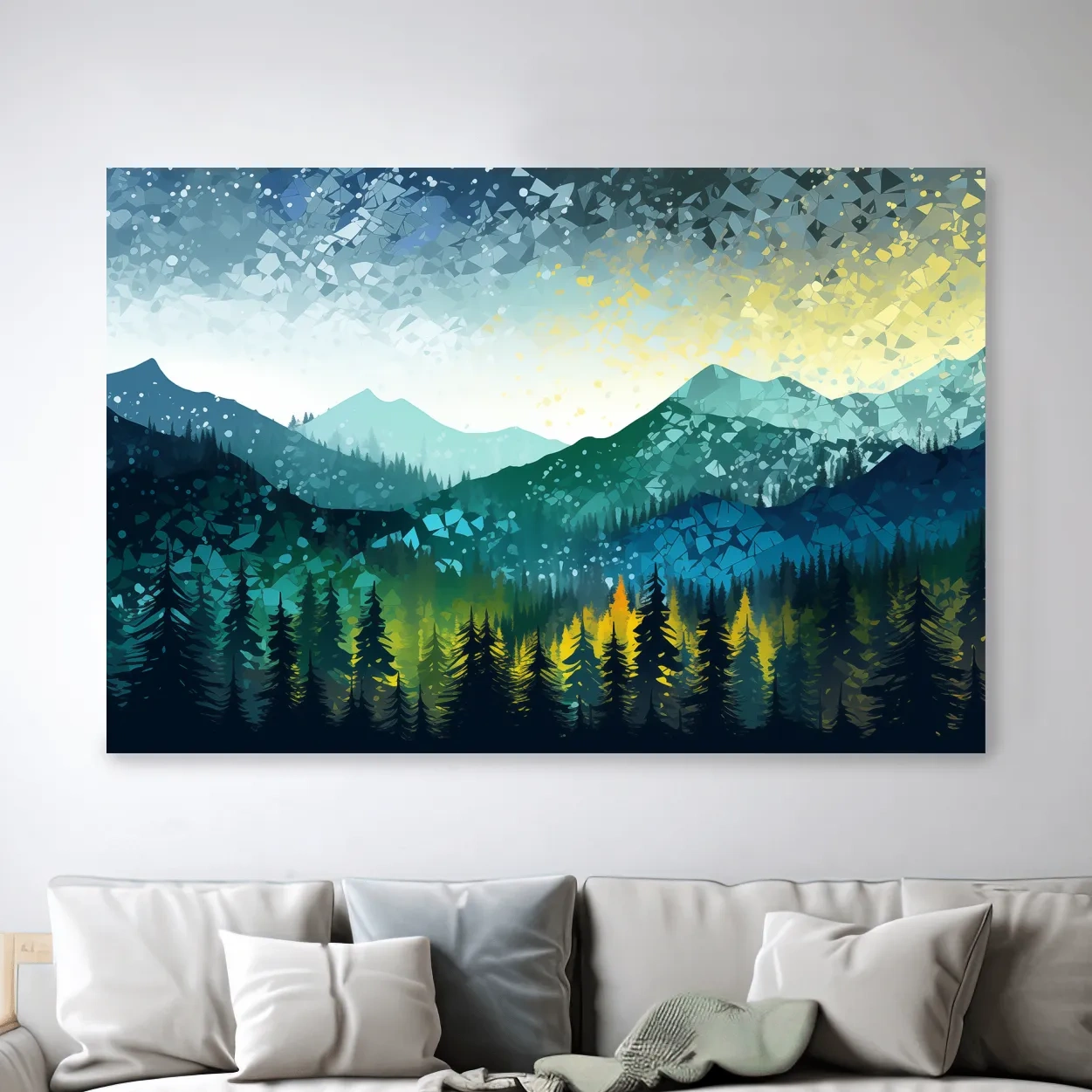 Vibrant forest and mountain art, abstract pointillism