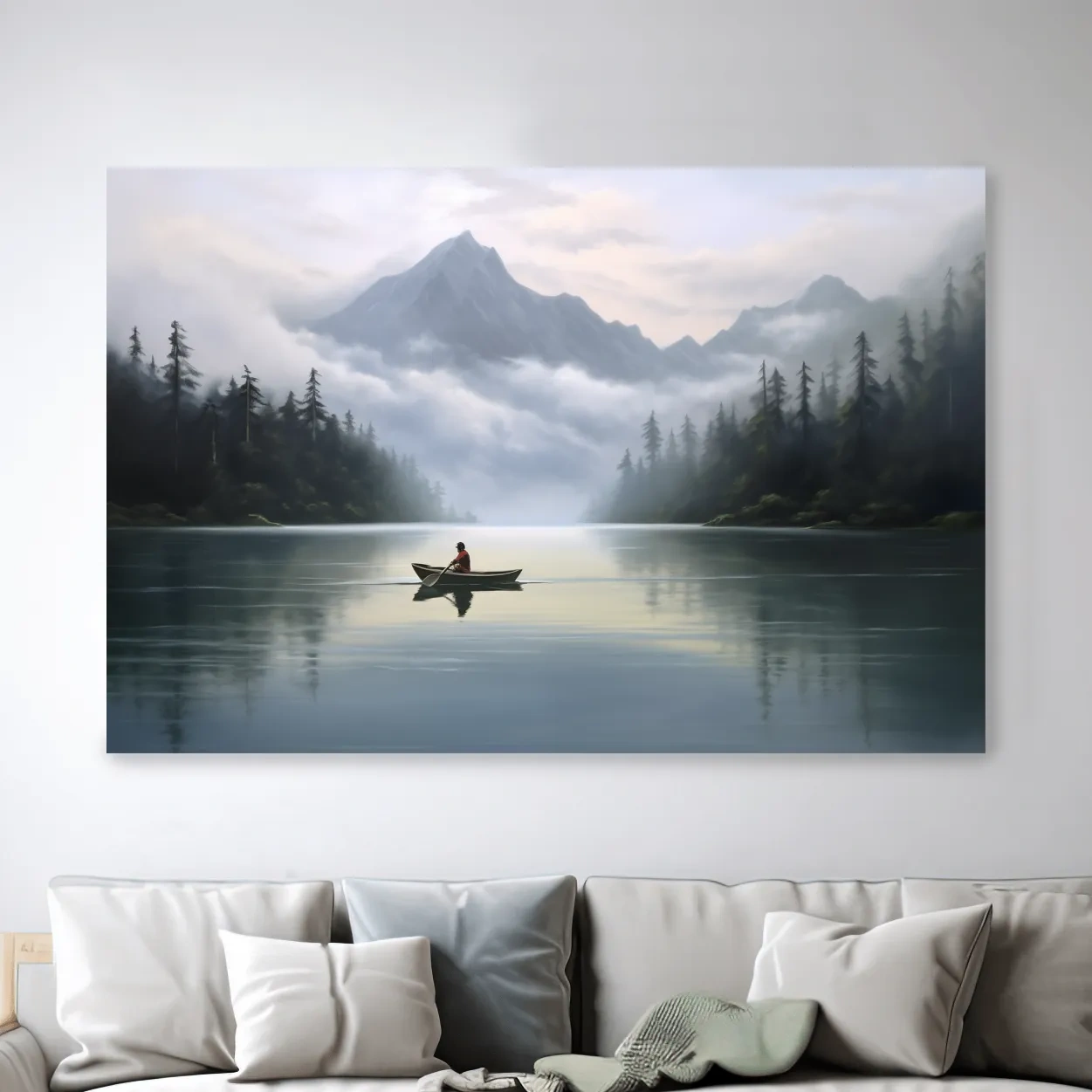 Painting of a person in a canoe on an alpine lake