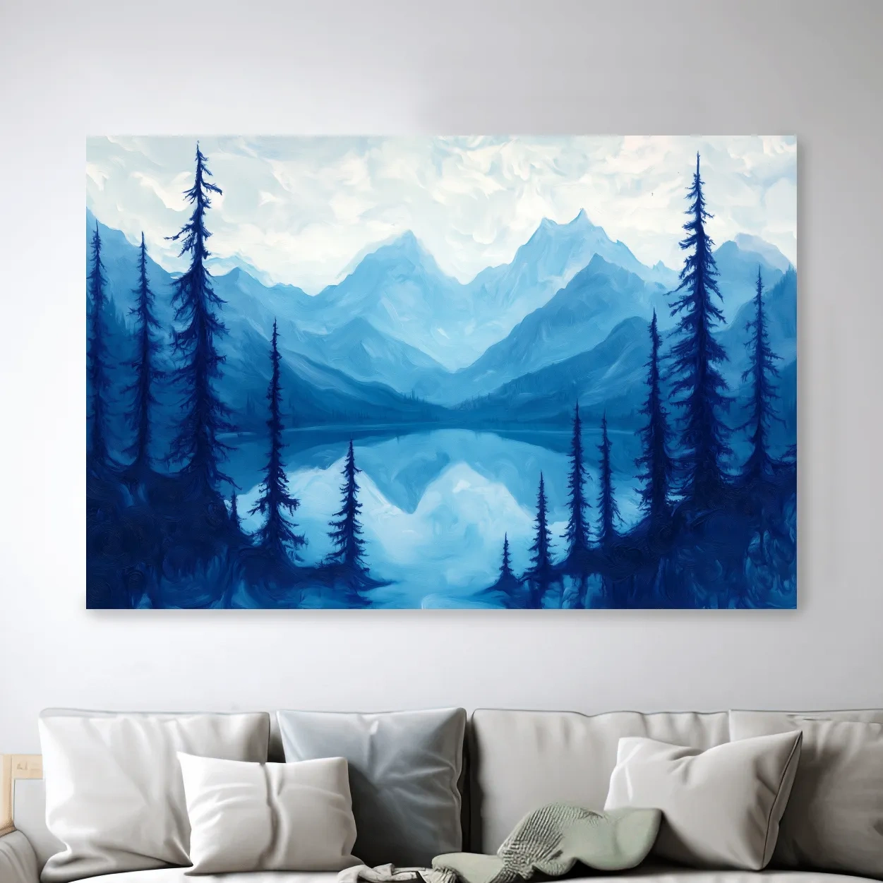 Oil painting artwork, view over an alpine lake in the mountains