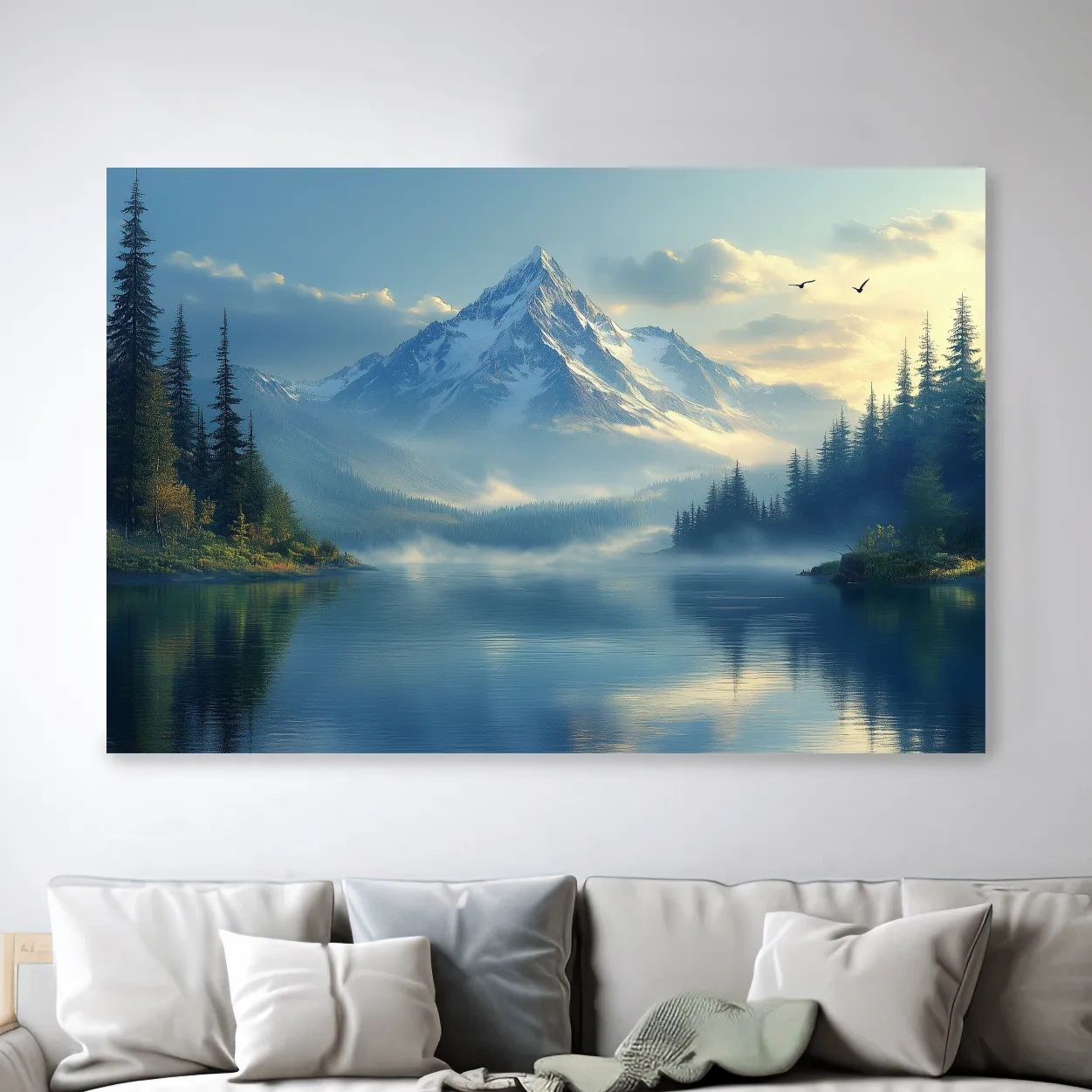 Misty Alpine Mountain Lake Sunset - Pine Forest Artwork