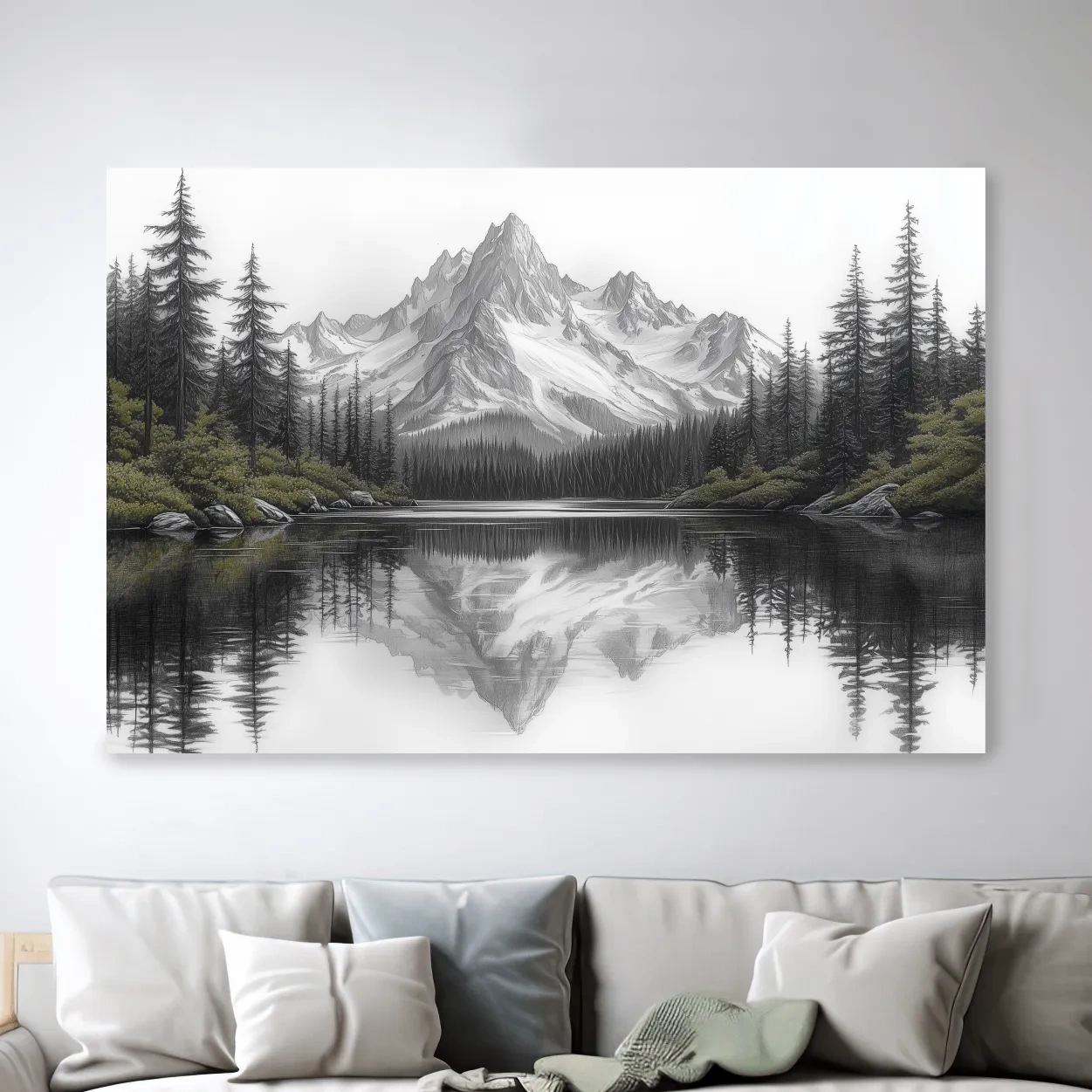Alpine drawing artwork, lakeside forest under a glacier