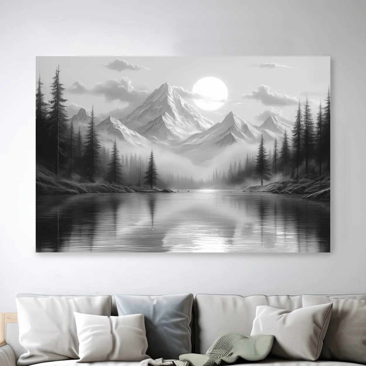 Misty forest and alpine lake beneath a glacier, black and white wall art