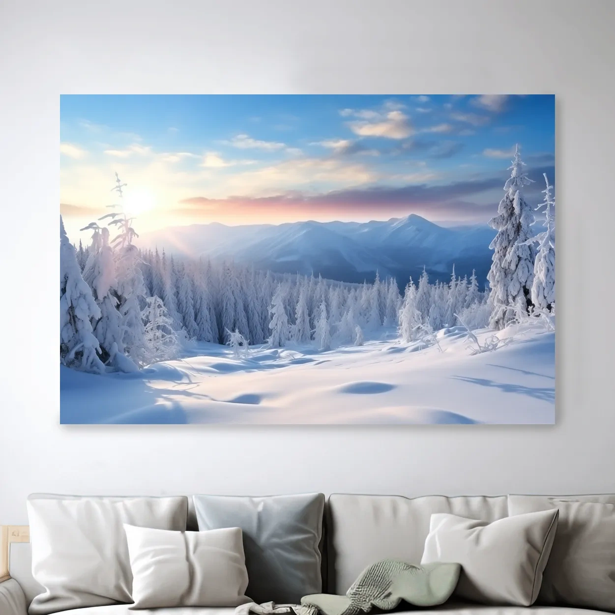 Snow covered alpine forest at sunset, photographic art