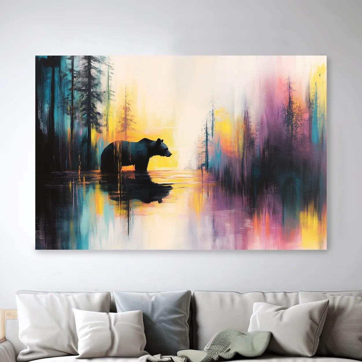 Grizzly bear in a river painting, colorful abstract wall art