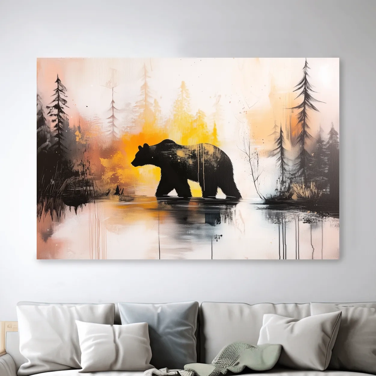 Grizzly Bear Forest Silhouette - Abstract Textured Watercolor Wilderness Wall Art