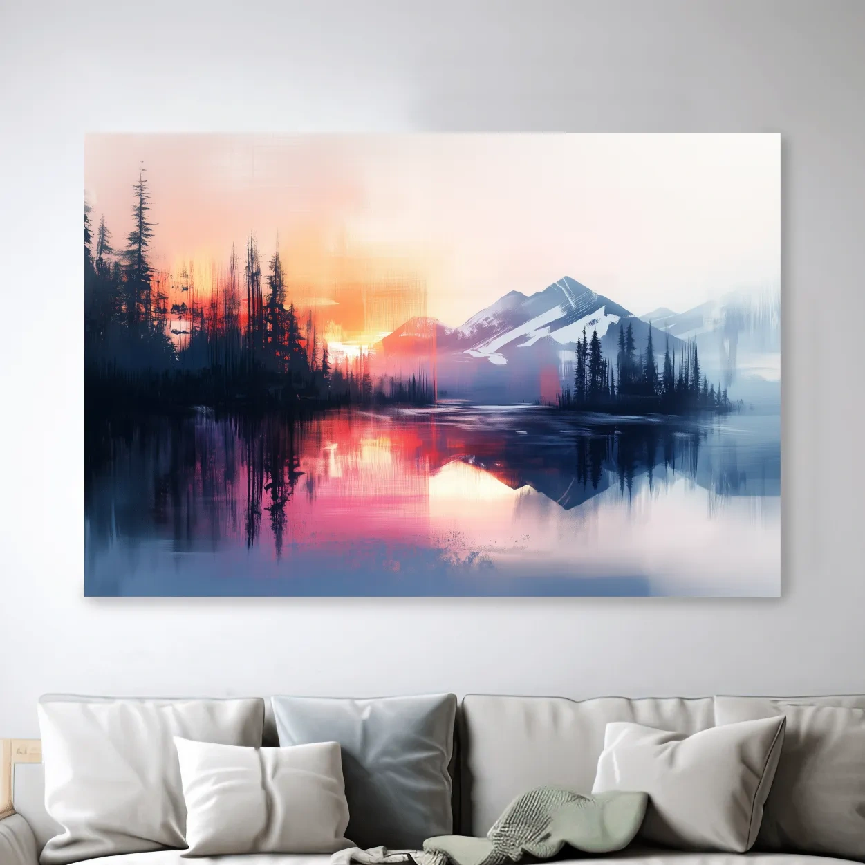 Textured painting wall art, sunset over alpine mountains, lake and forest