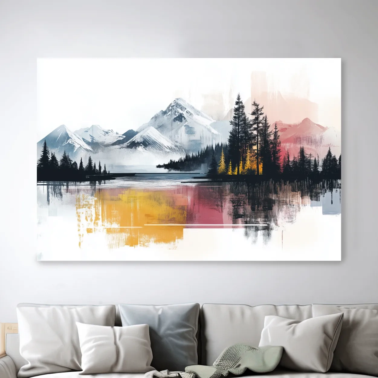 Abstract Misty Mountain Lake Painting - Modern Watercolor Pine Forest Art