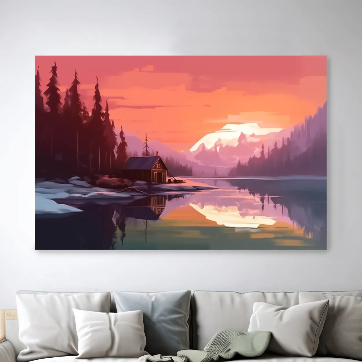 Mountain art painting, cabin by a lake at sunset