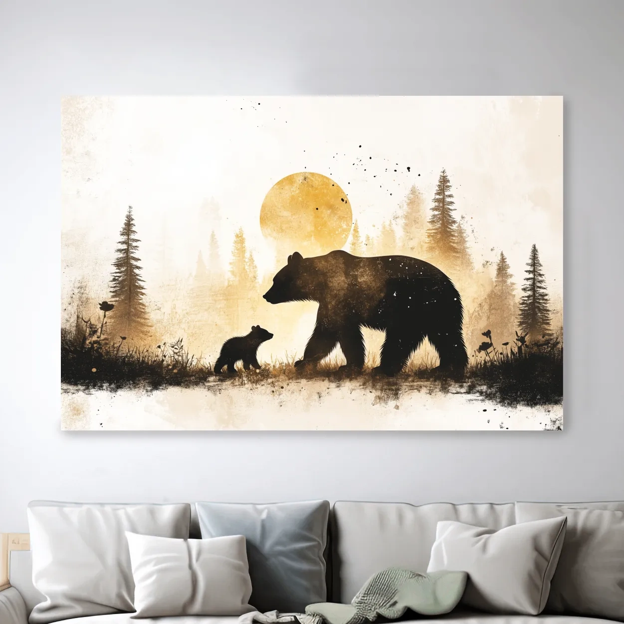 Momma bear and her cub in the forest, textured illustration wall artwork