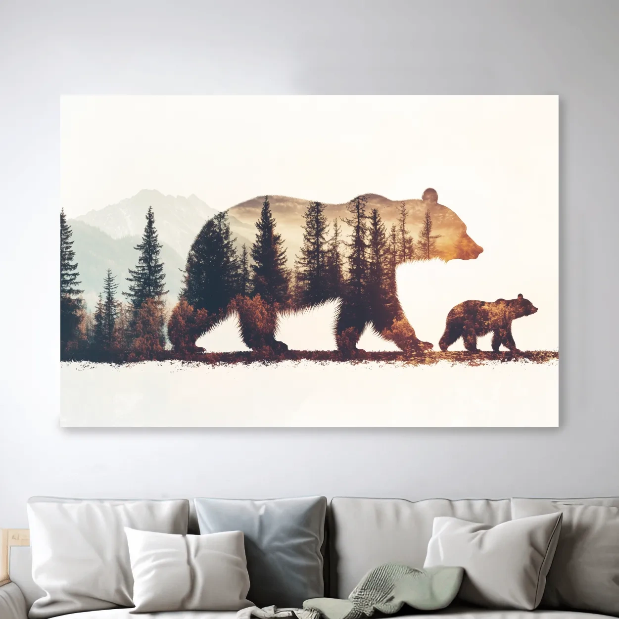 Double exposure forest wall art, momma bear and her cub