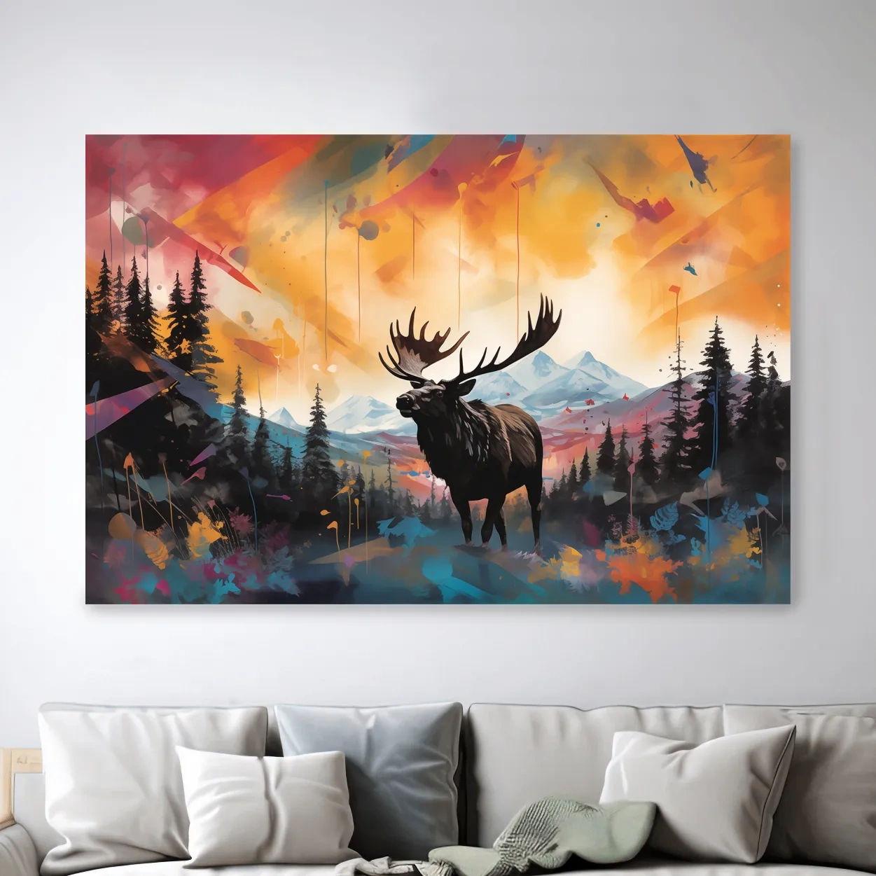 Vibrant Abstract Moose Mountain Painting - Colorful Wildlife Wall Art