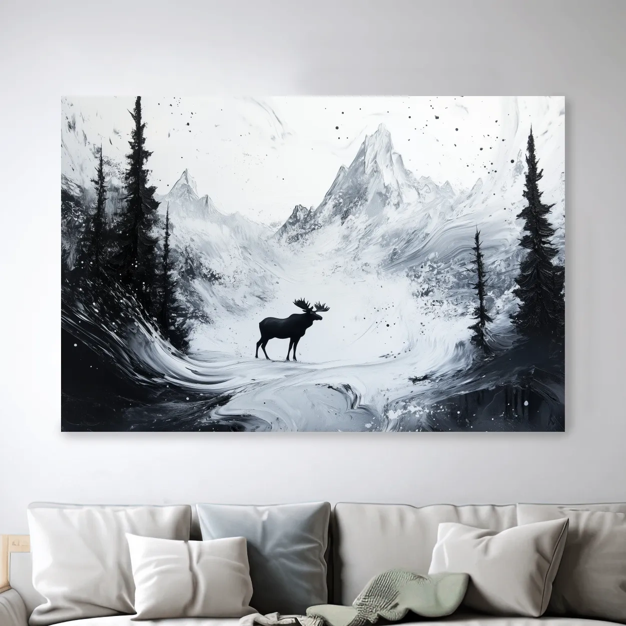 Moose in the alpine meadows, abstract black & white painting