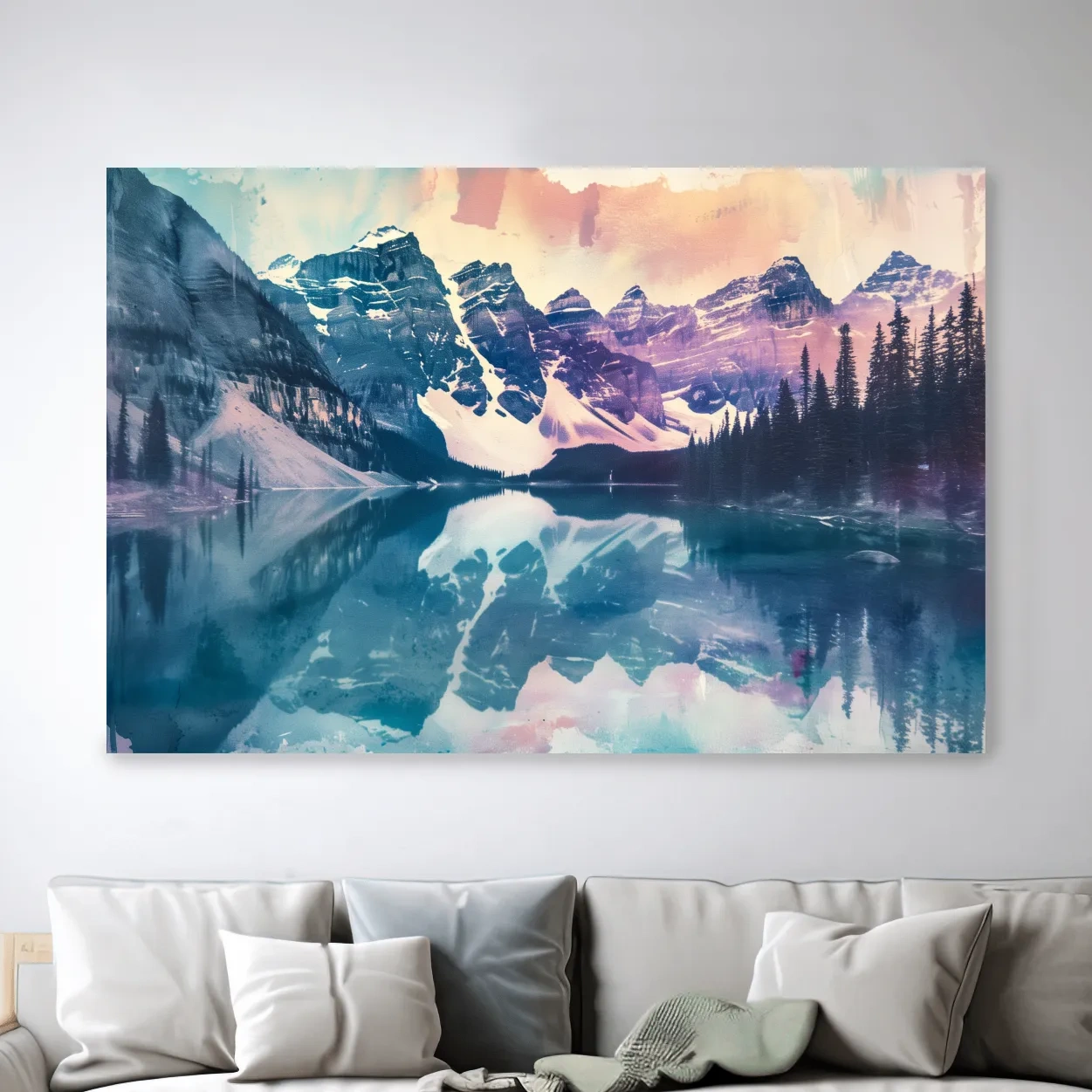 Valley of the Ten Peaks, Moraine Lake Banff. Watercolour painting postcard style mountain artwork