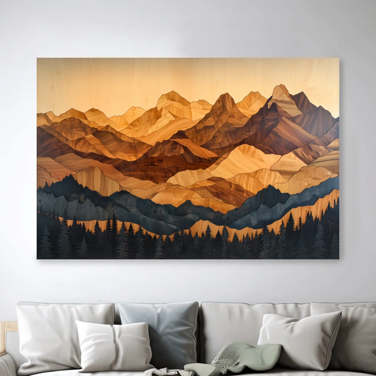 Mountain and forest wall art, 3d wood intarsia style layered wood effect