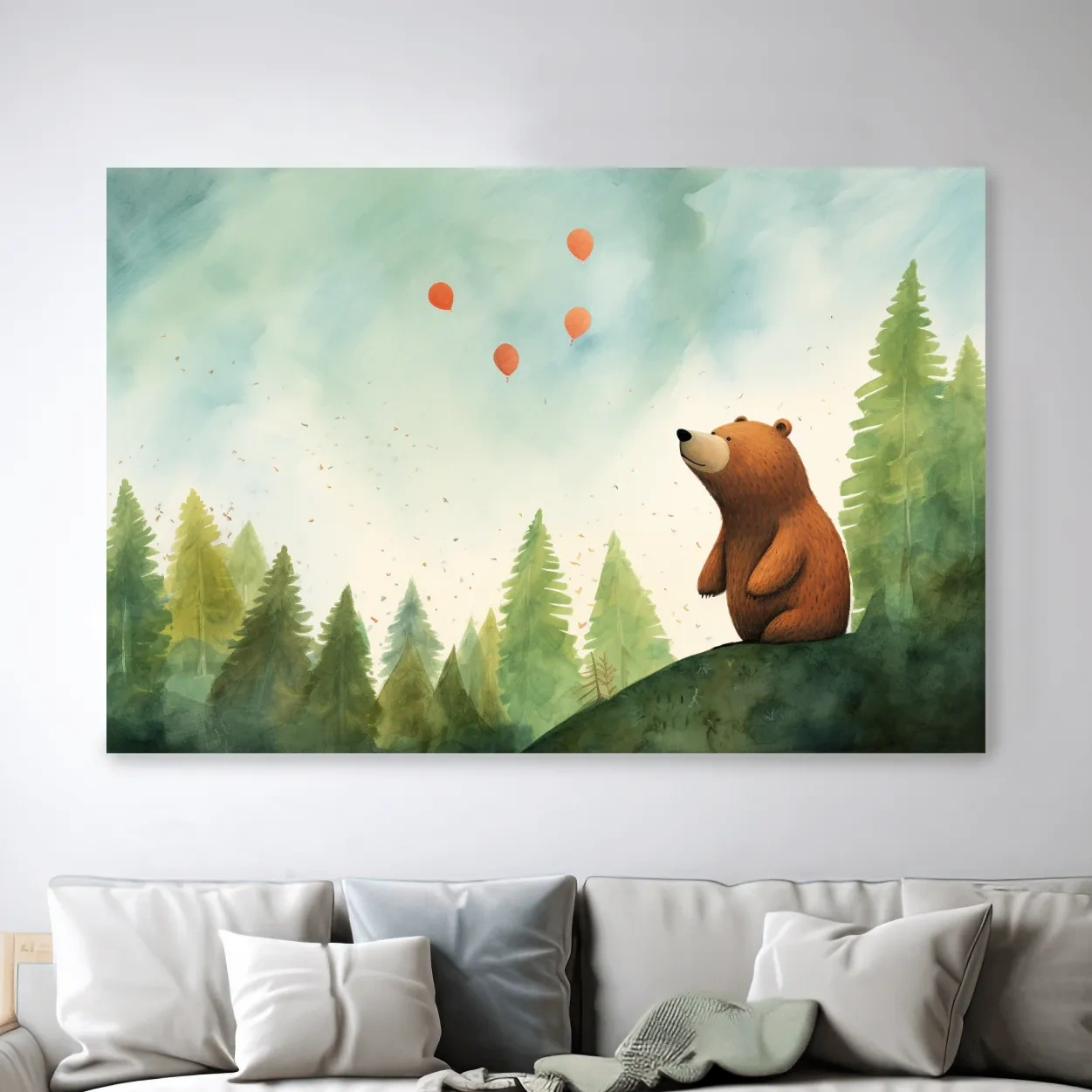 Illustration of a cute happy bear gazing into the sky, nursery wall art