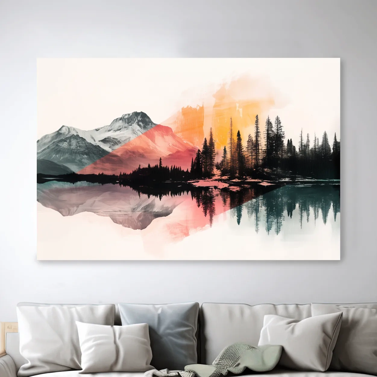 Modern abstract mountain wall artwork painting, glacial lake and forest, vibrant textured style