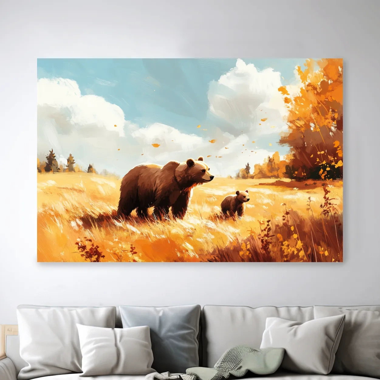 Autumn Grizzly Bear & Cub Painting - Warm Golden Wildlife Wall Art