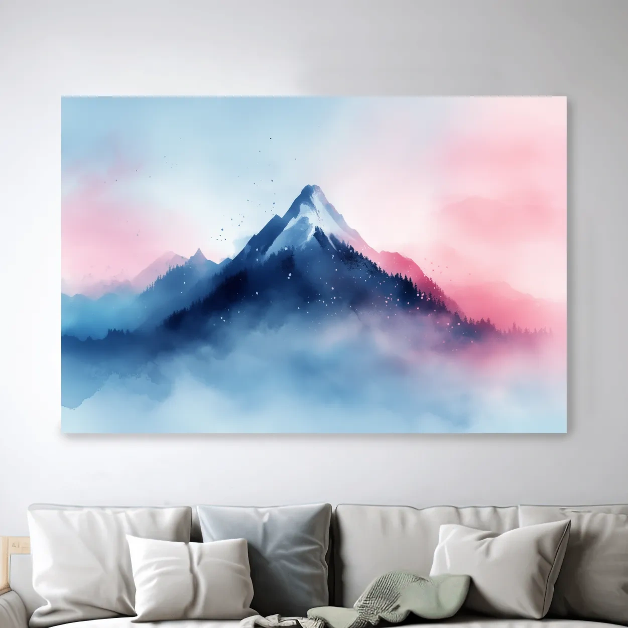 Dreamy mountain painting artwork, glacial peaks above the clouds in pastel hues