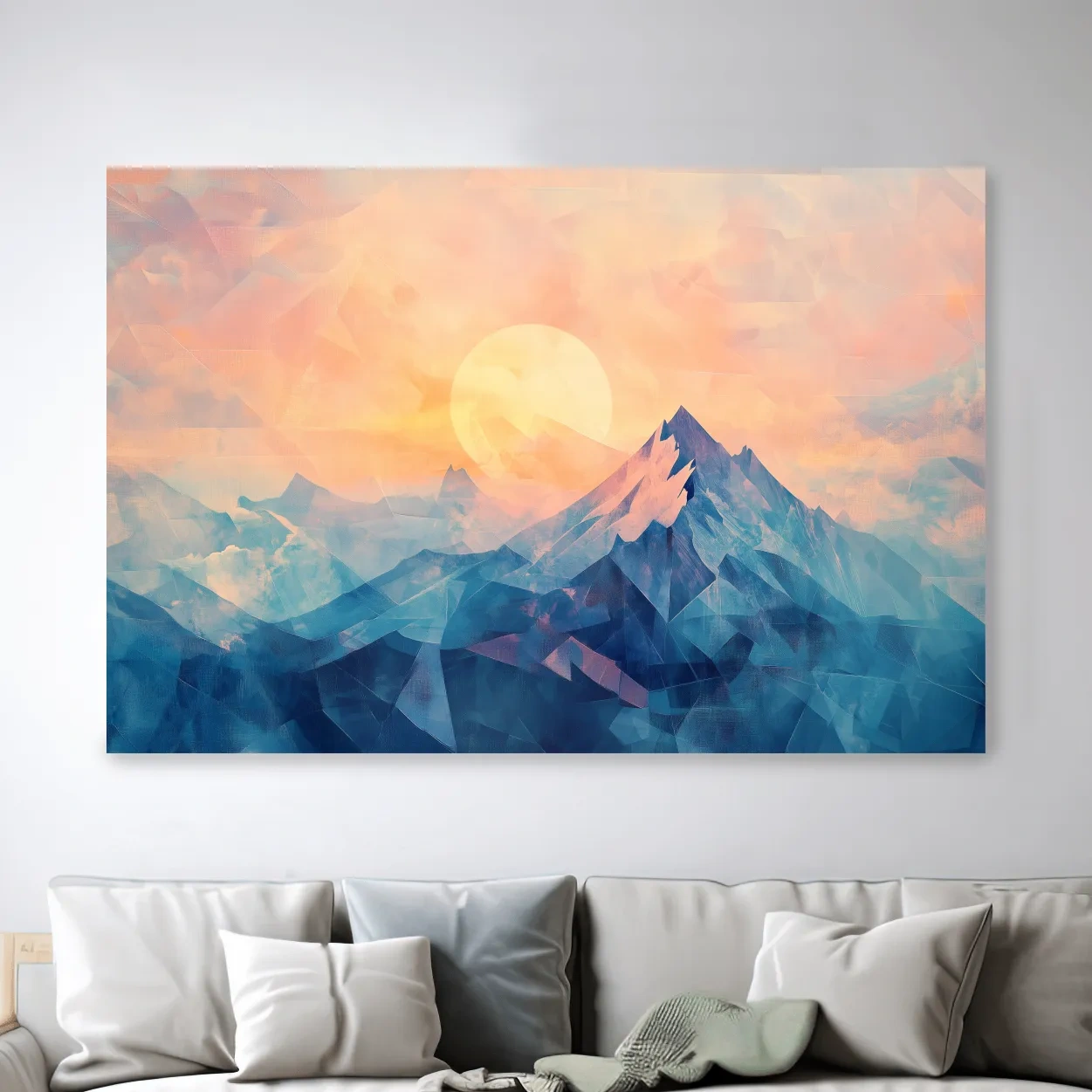Sunset mountain wall art, geometric fragmented mosaic effect, textured art finish