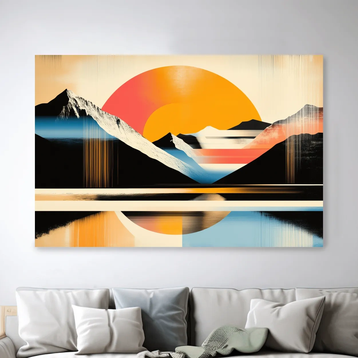 Abstract alpine mountain wall art, bold retro geometric landscape with vibrant colors