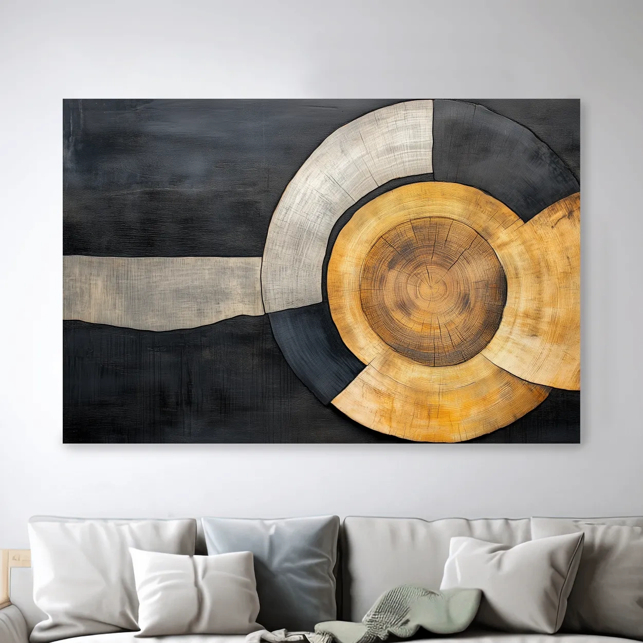Wood grain cut log modern wall art, circular concentric design with earthy tones