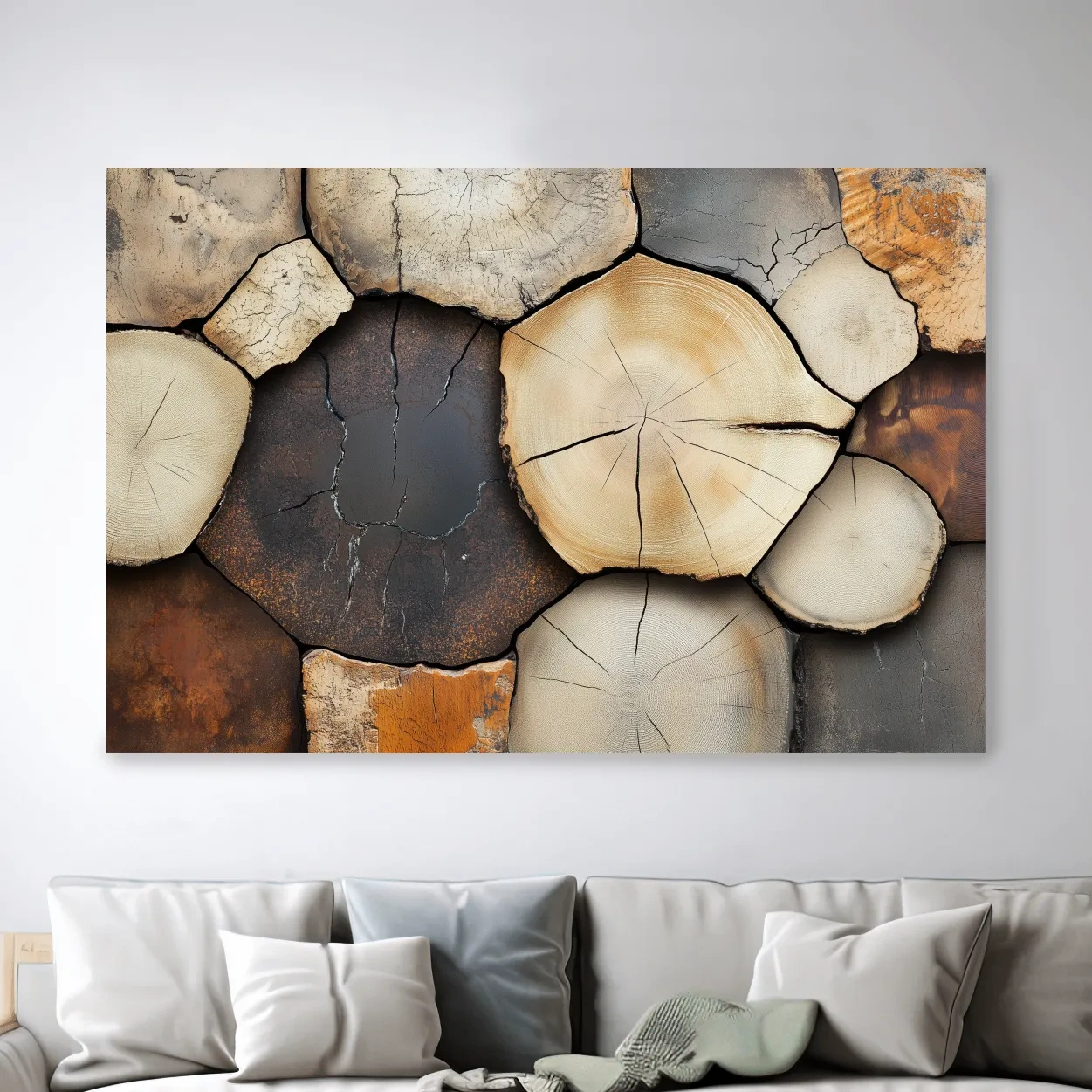Rustic cut wooden log wall artwork, cracked texture effect canvas art