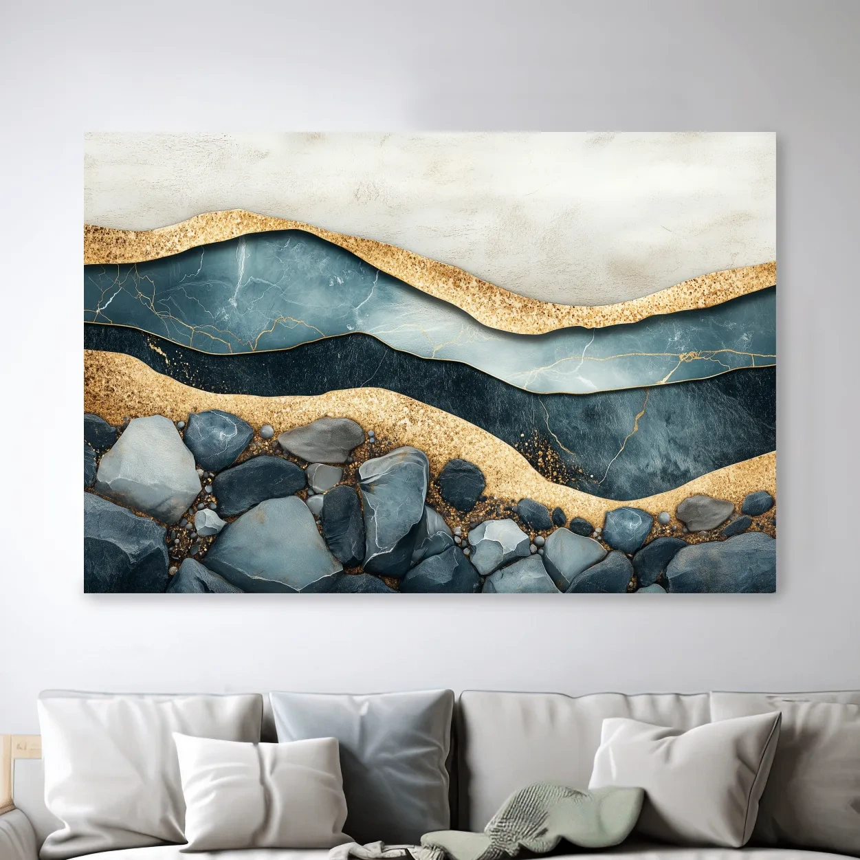 Elegant riverbed sand and rock artwork, modern textured wall art with natural sediment layers