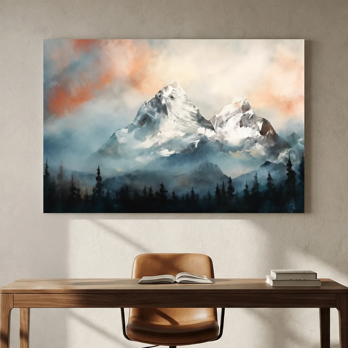 Misty Snowcapped Mountain Peaks Painting - Alpine Sunset Wall Art