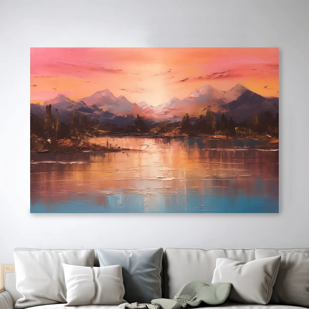 Sunset mountain lakeside painting, textured effect oil painting wall art print