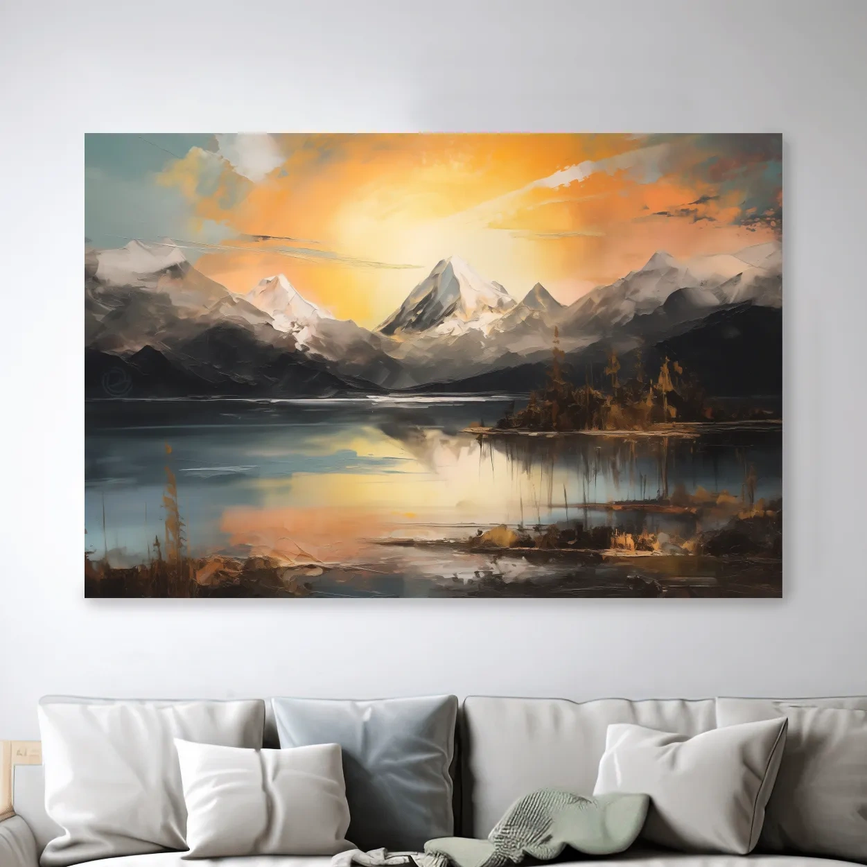 Alpine mountain sunrise over a tranquil lake, dramatic oil painting wall art