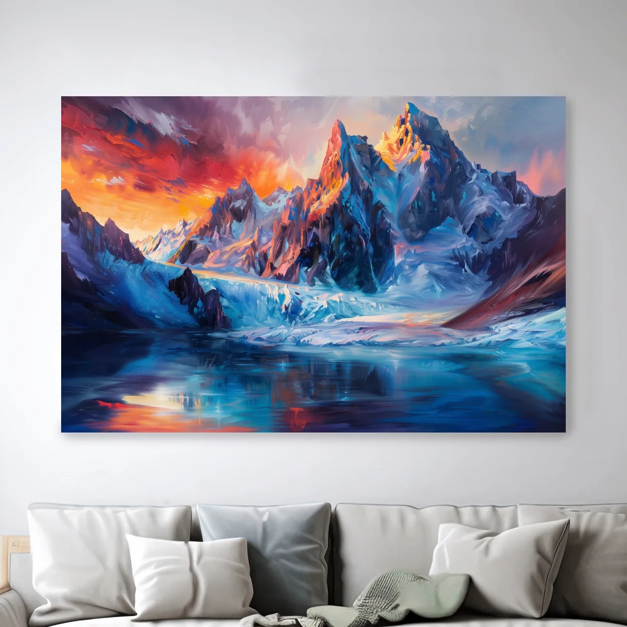 Vibrant Glacial Sunset Impressionism Painting - Dramatic Alpine Mountain Wall Art