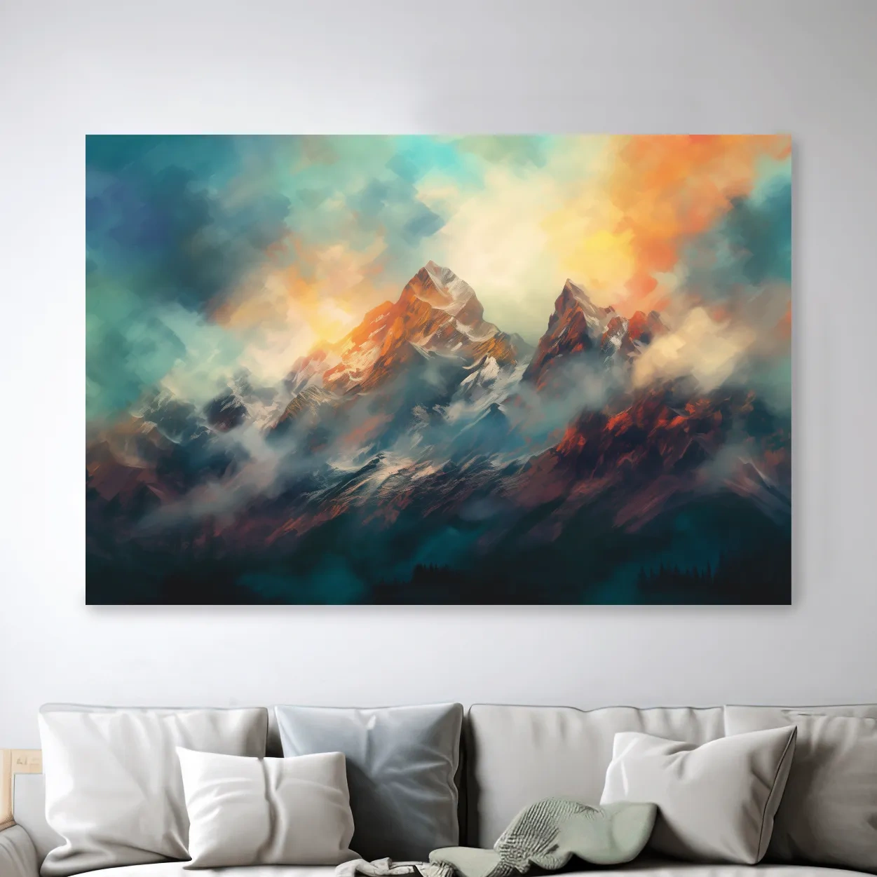 Abstract Sunrise Mountain Peaks Painting - Colorful Alpine Landscape Wall Art