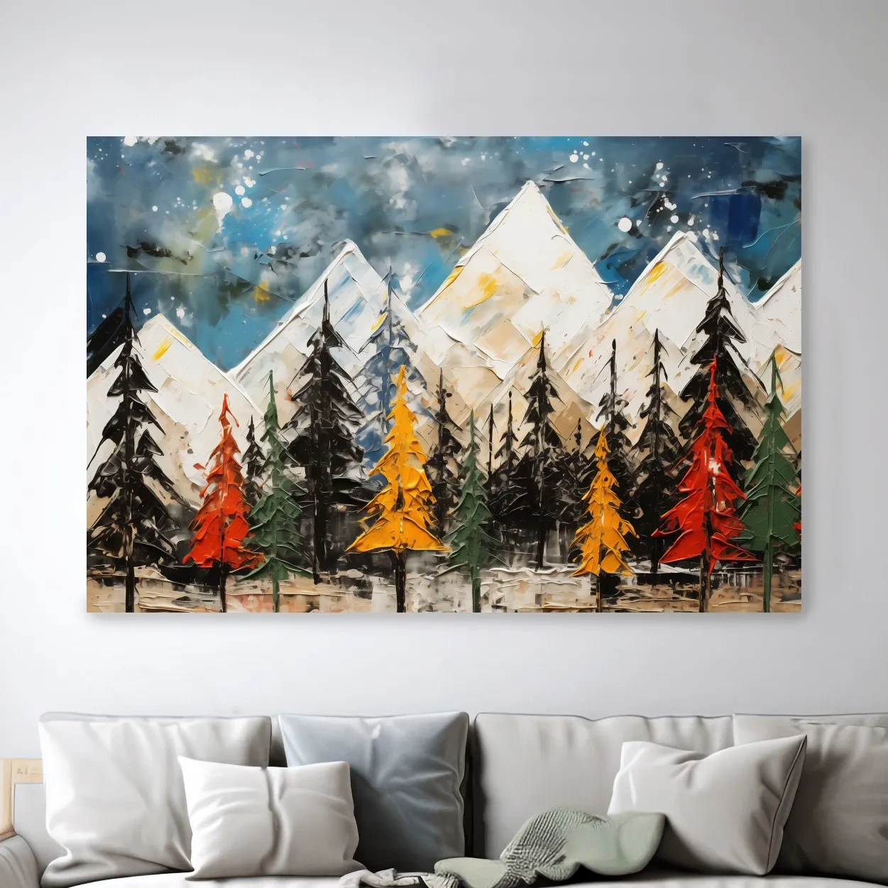 Textured Abstract Oil Painting Style Mountain Forest - Colorful Autumn Pines Landscape Wall Art