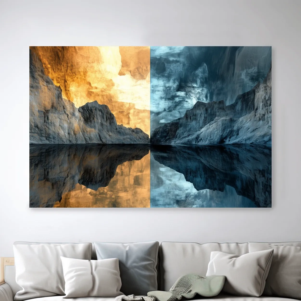 Split Tone Mountain Lake Reflection - Fiery Sunset Cool Twilight