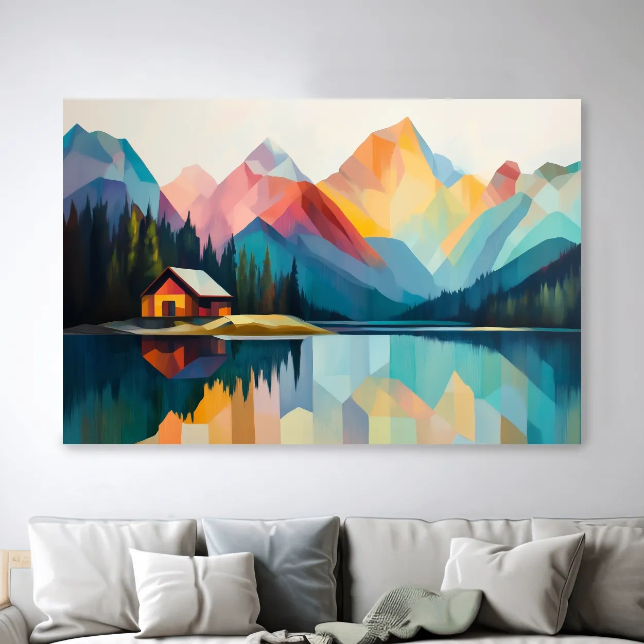 Vibrant Geometric Mountain Lake Cabin - Modern Abstract Landscape Wall Art