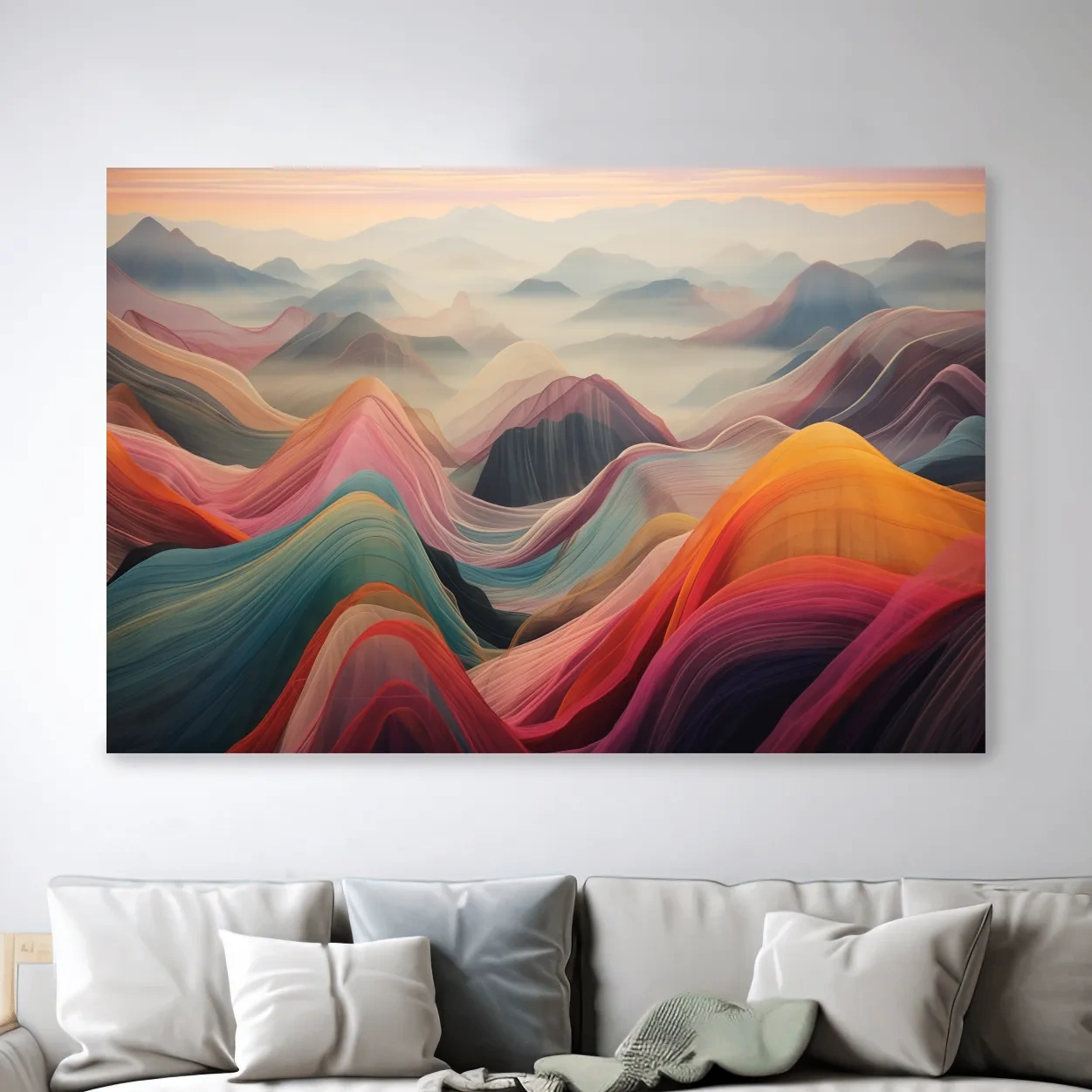 Colorful abstract mountain wall art, layered flowing waves effect