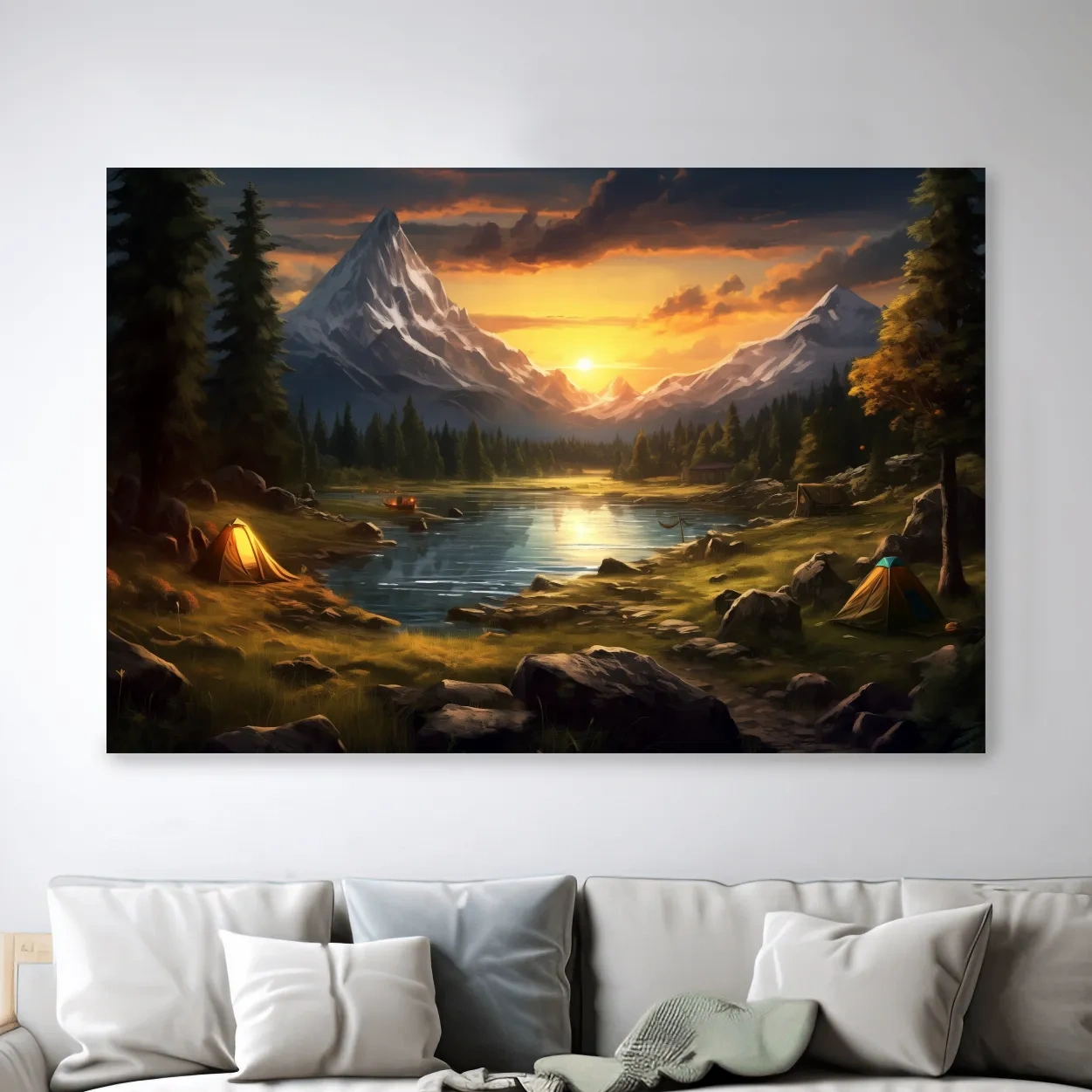 Painting of an alpine campsite by a lake at sunset, serene wall artwork
