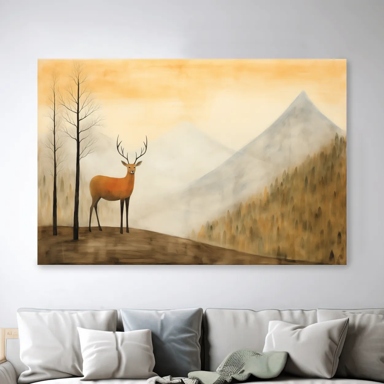 Deer standing in mountain mist, serene landscape wall artwork