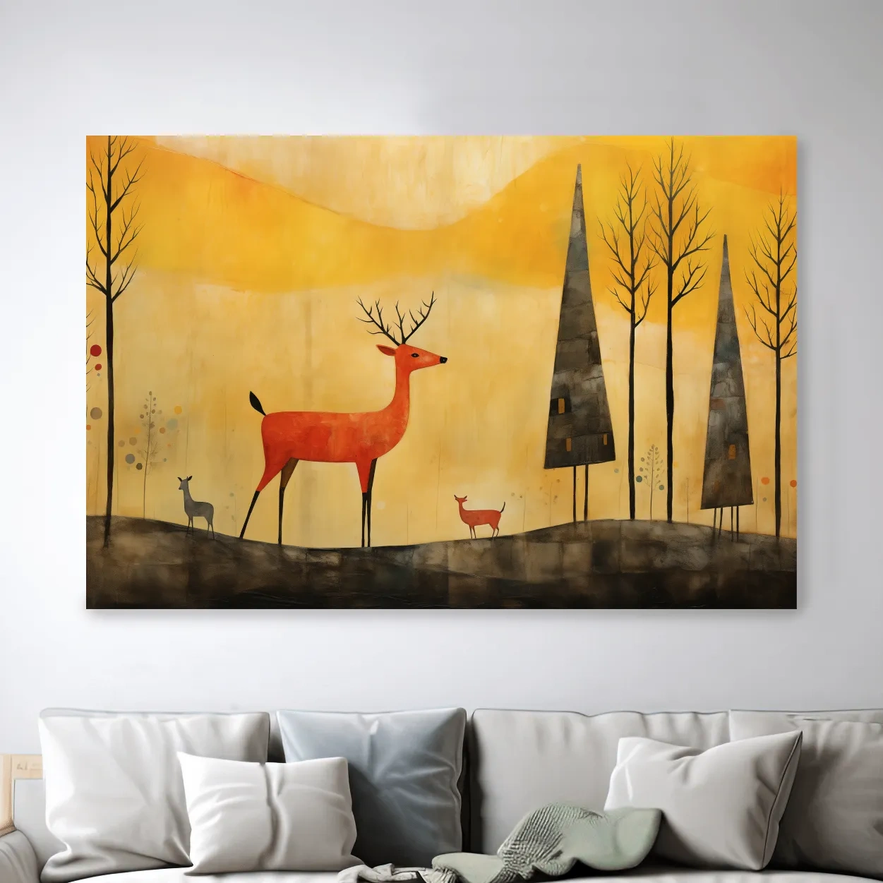 Red deer in an autumn forest landscape, quirky painting artwork