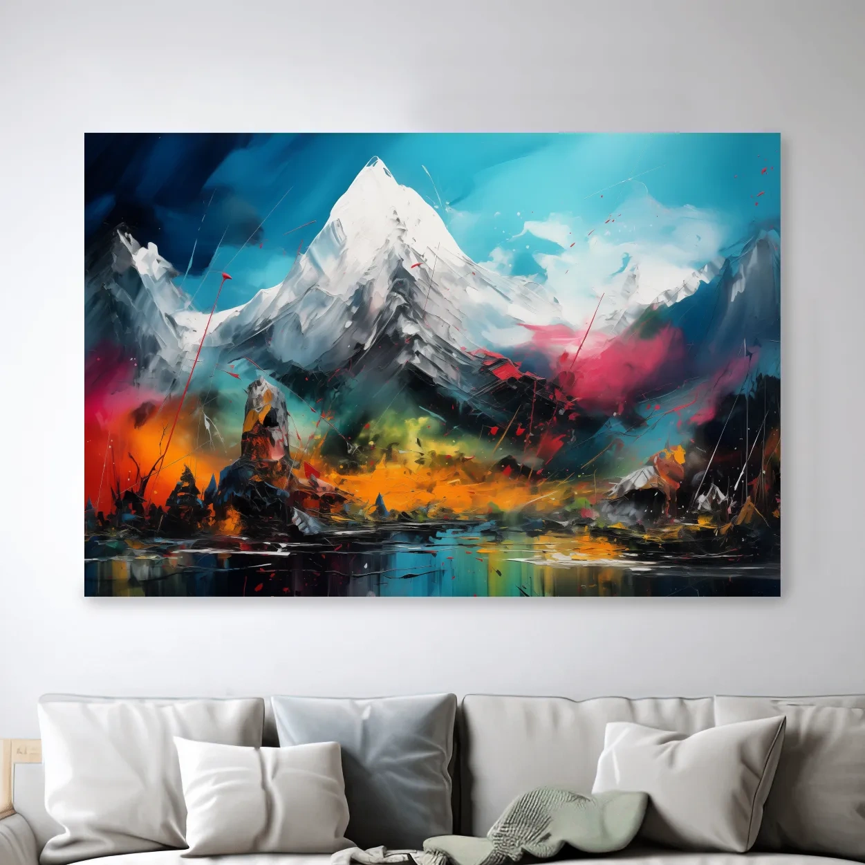 Abstract vibrant mountain wall art, impasto painting effect
