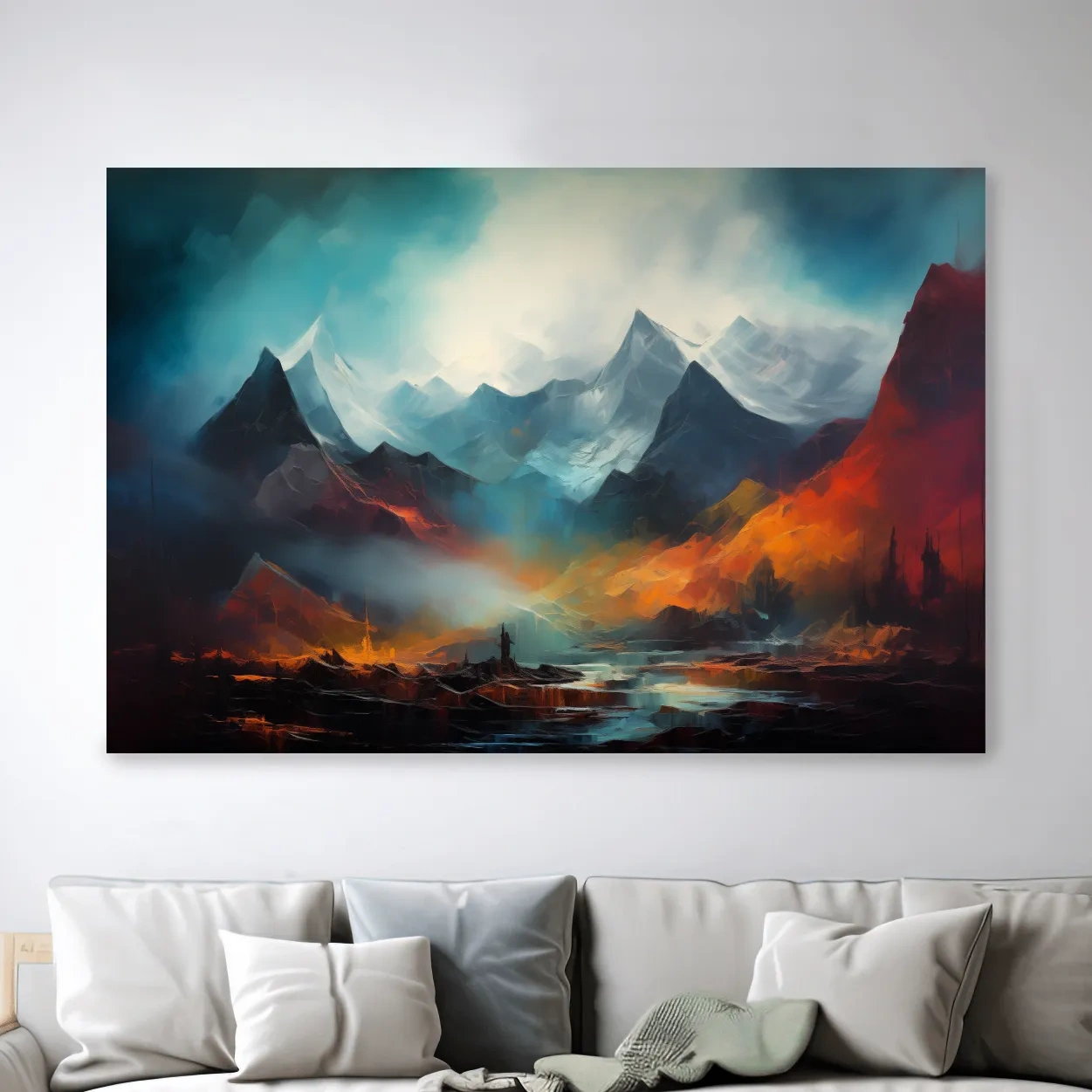 Colorful impressionist painting, abstract mountain landscape artwork