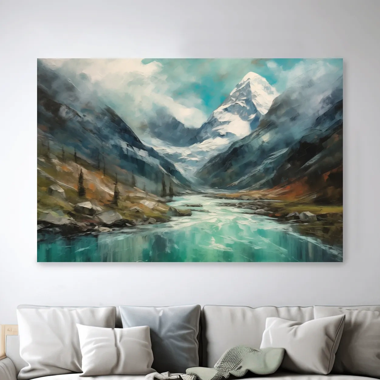 Impressionist style painting of alpine meadows, glacier and lake