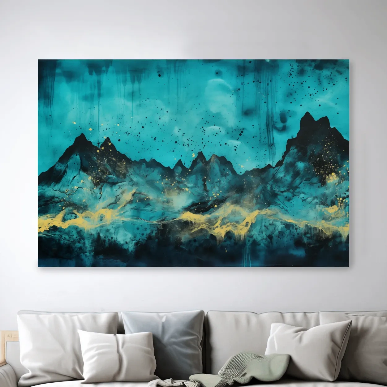 Mystical turquoise mountain wall art, abstract night sky with gold accents