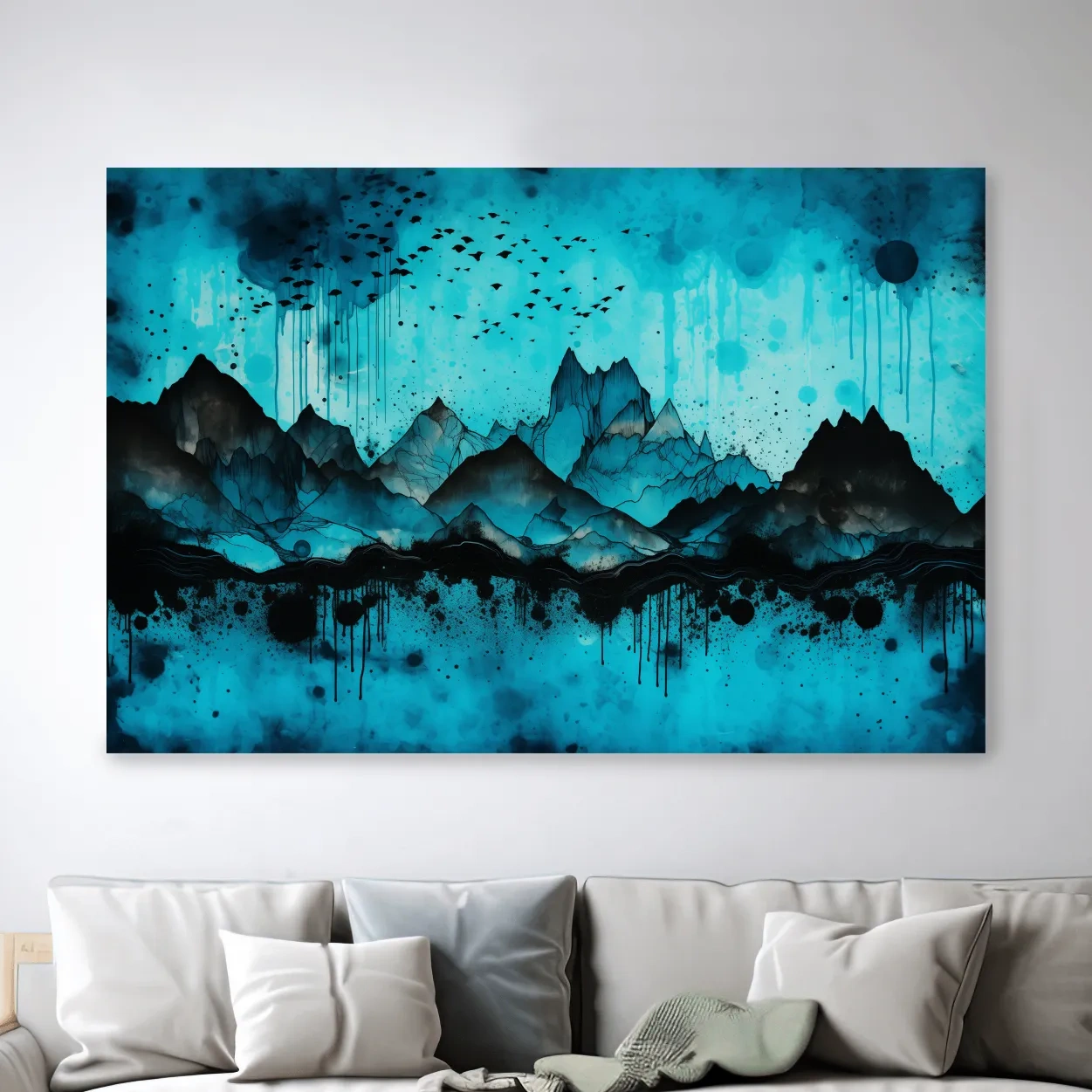 Abstract mountain landscape artwork, watercolor ink splatter design